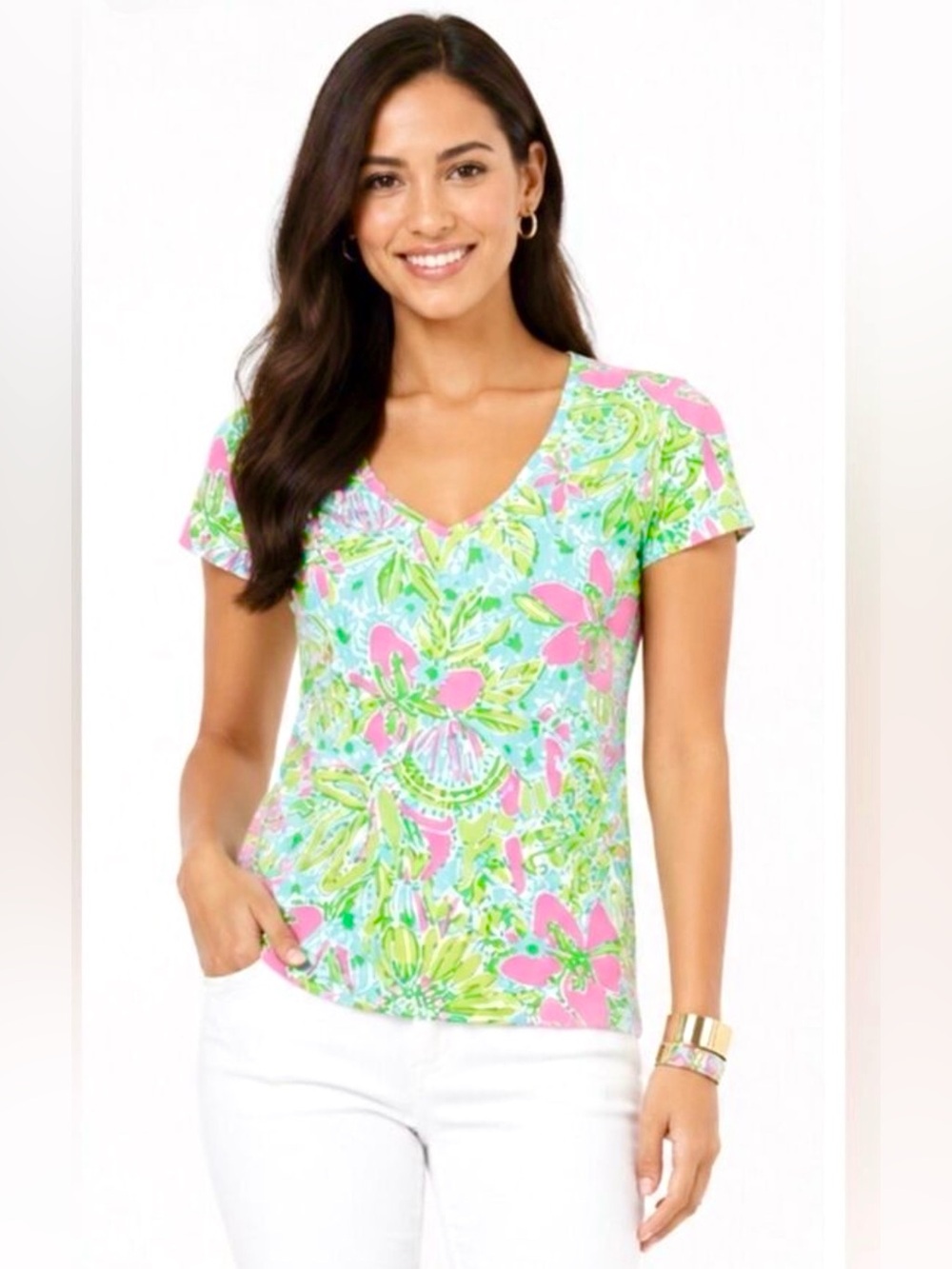Lilly Pulitzer Womens Michele Coconut Grove Floral Bright V-Neck Tee SZ XS